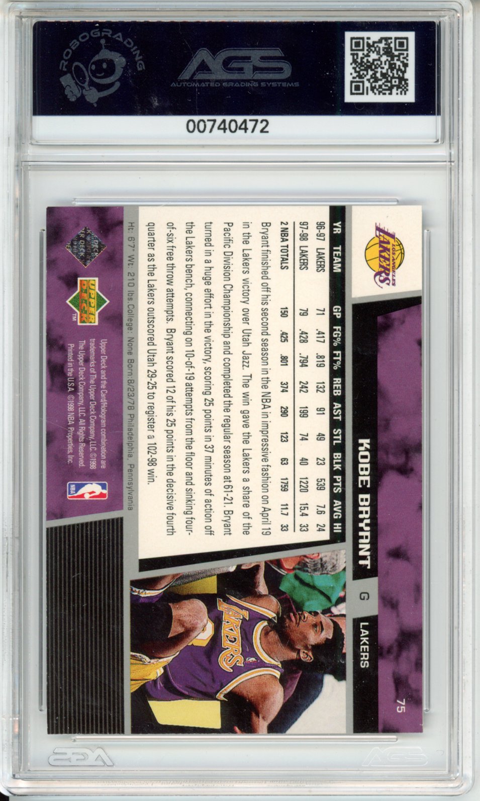 1998 Upper Deck KOBE BRYANT #75 English AGS 9