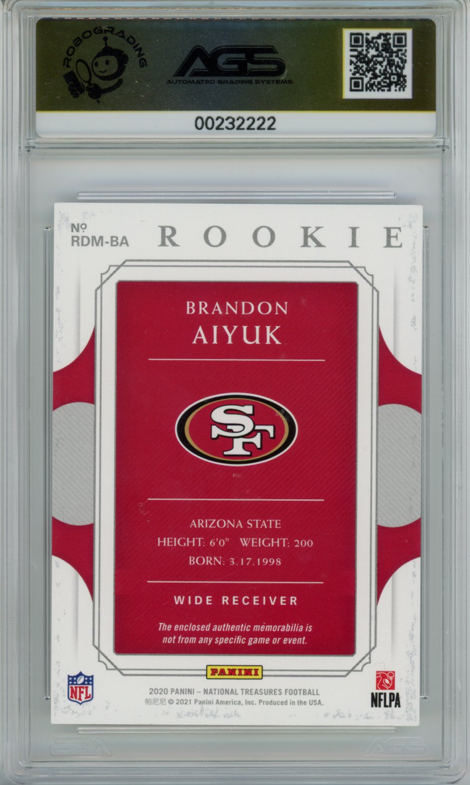 2021 National Treasures Brandon Aiyuk #RDM-BA Rookie Materials Silver /25 AGS 9.5
