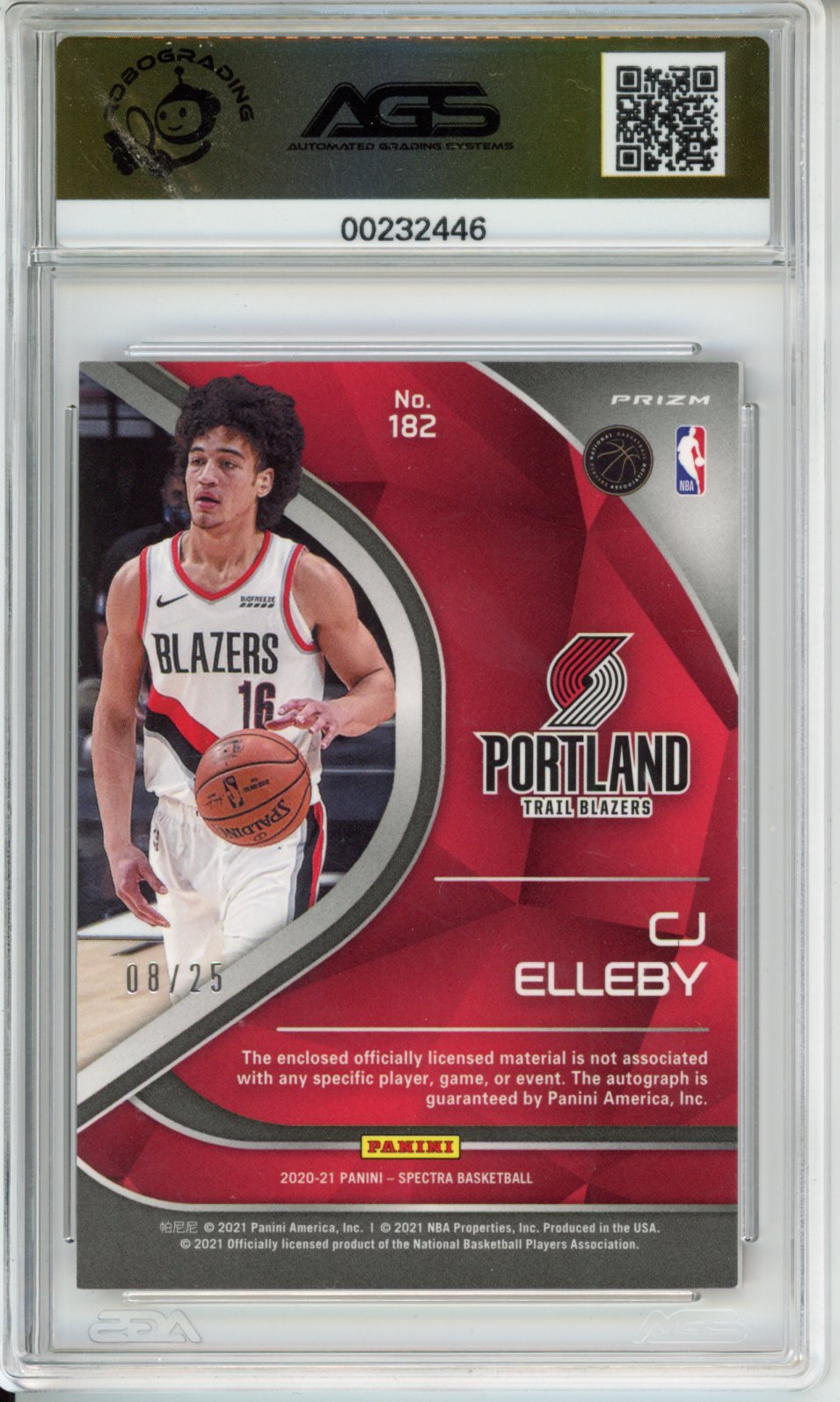 2020-21 Basketball Spectra CJ ELLEBY #182 Rookie jersey auto -meta /25 AGS 10