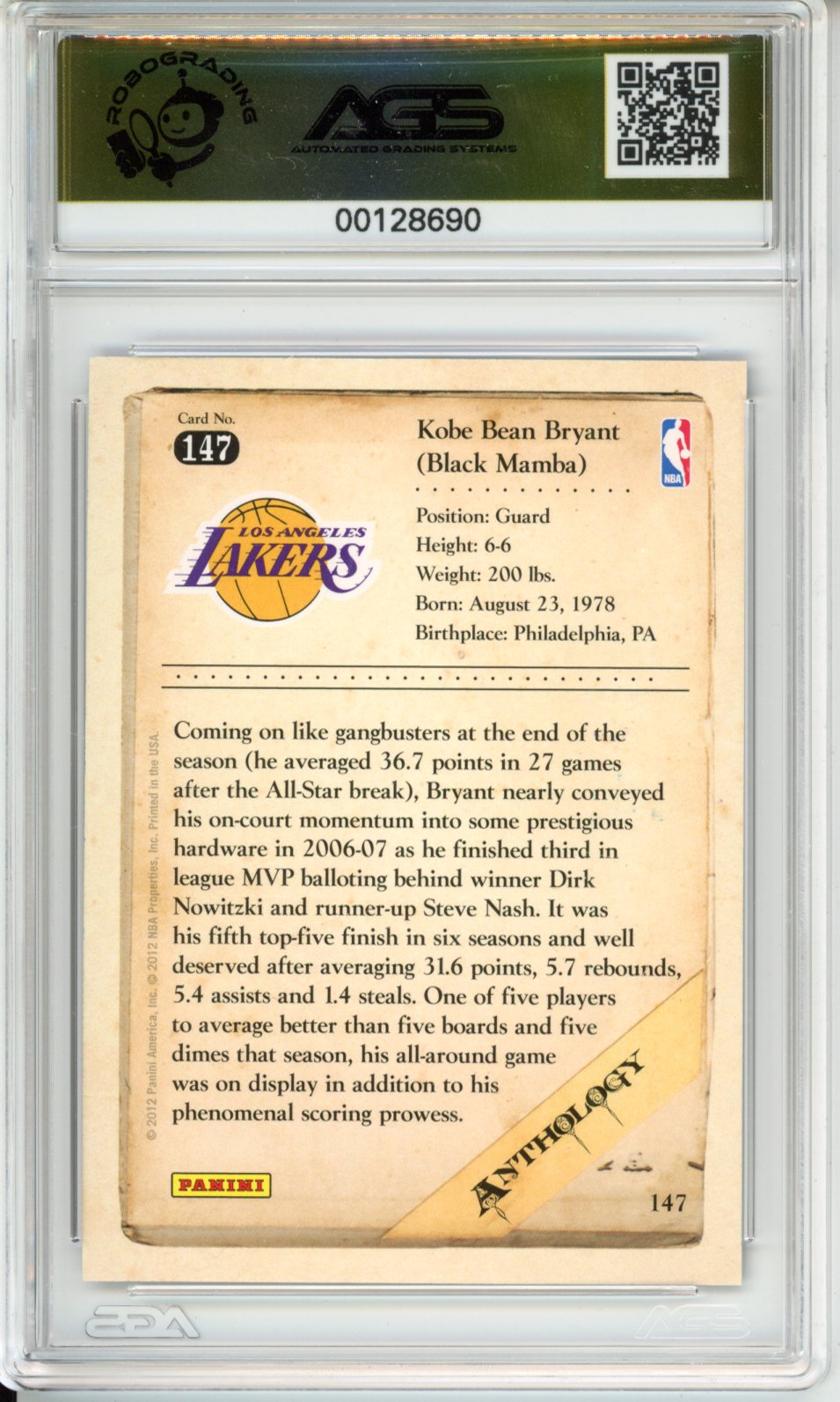 Basketball 2012-13 Panini Kobe Anthology KOBE BRYANT #147 AGS 10