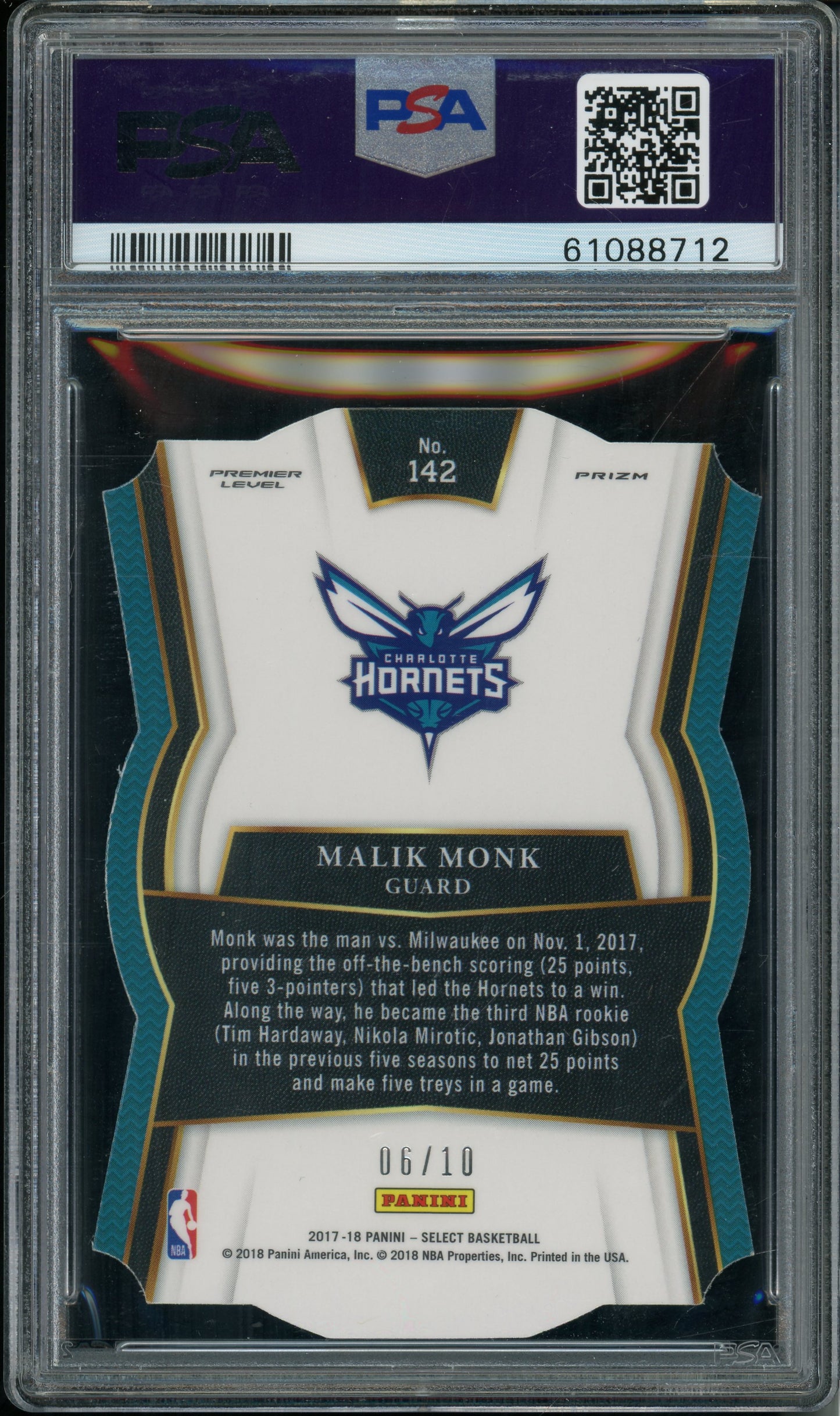 2017 Panini Select Malik Monk #142 Die Cut Gold Prizm PSA 9