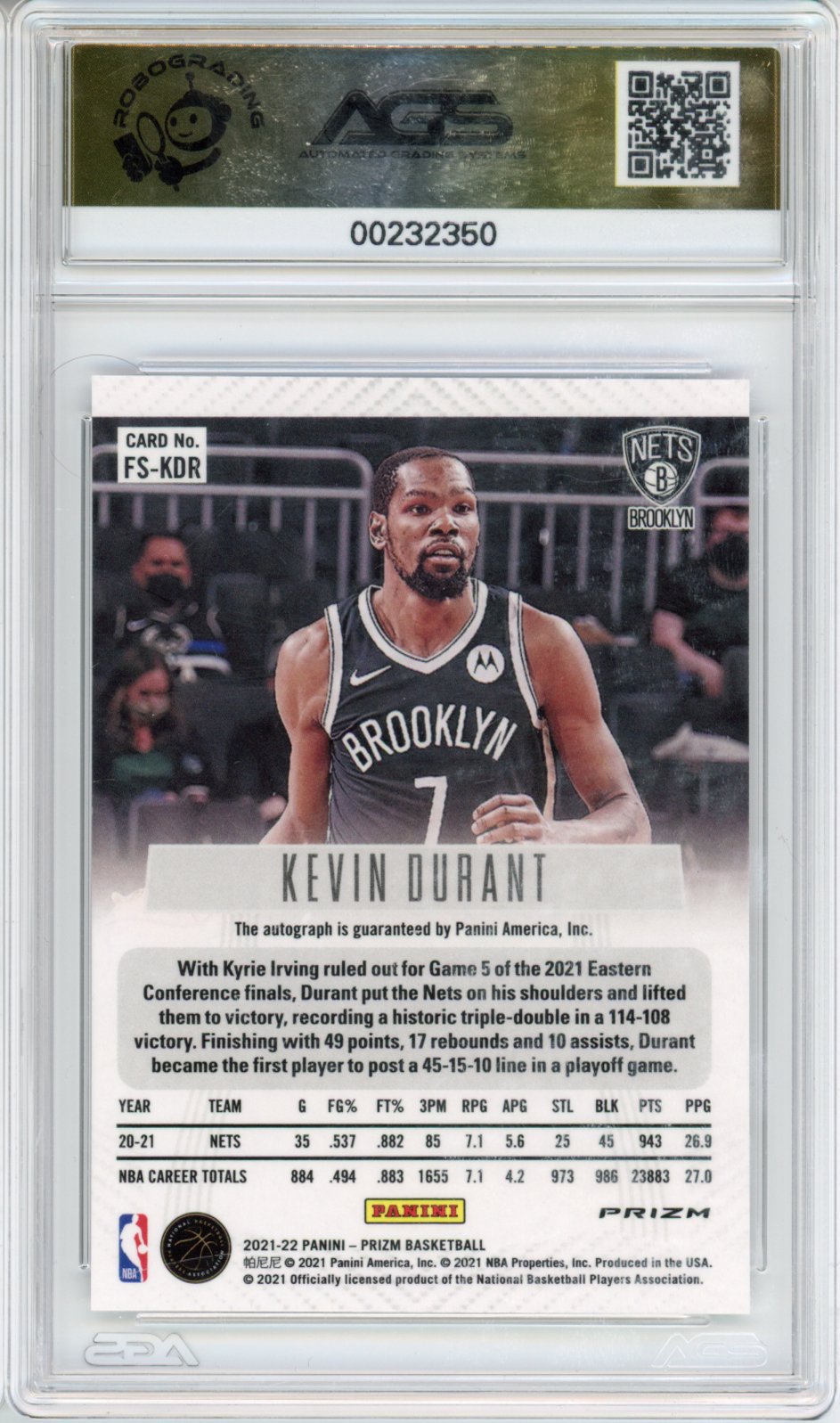 2022 Basketball 2021-22 Panini Prizm Kevin Durant #FS-KDU AGS 9.5