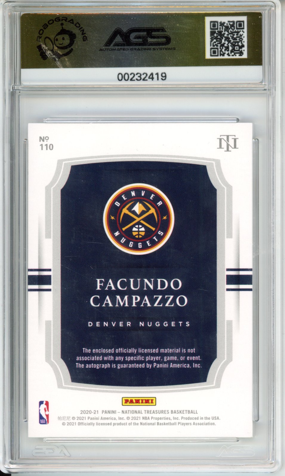 2020-21 Panini National Treasures Facundo Campazzo #110 Rookie Patch Auto AGS 10