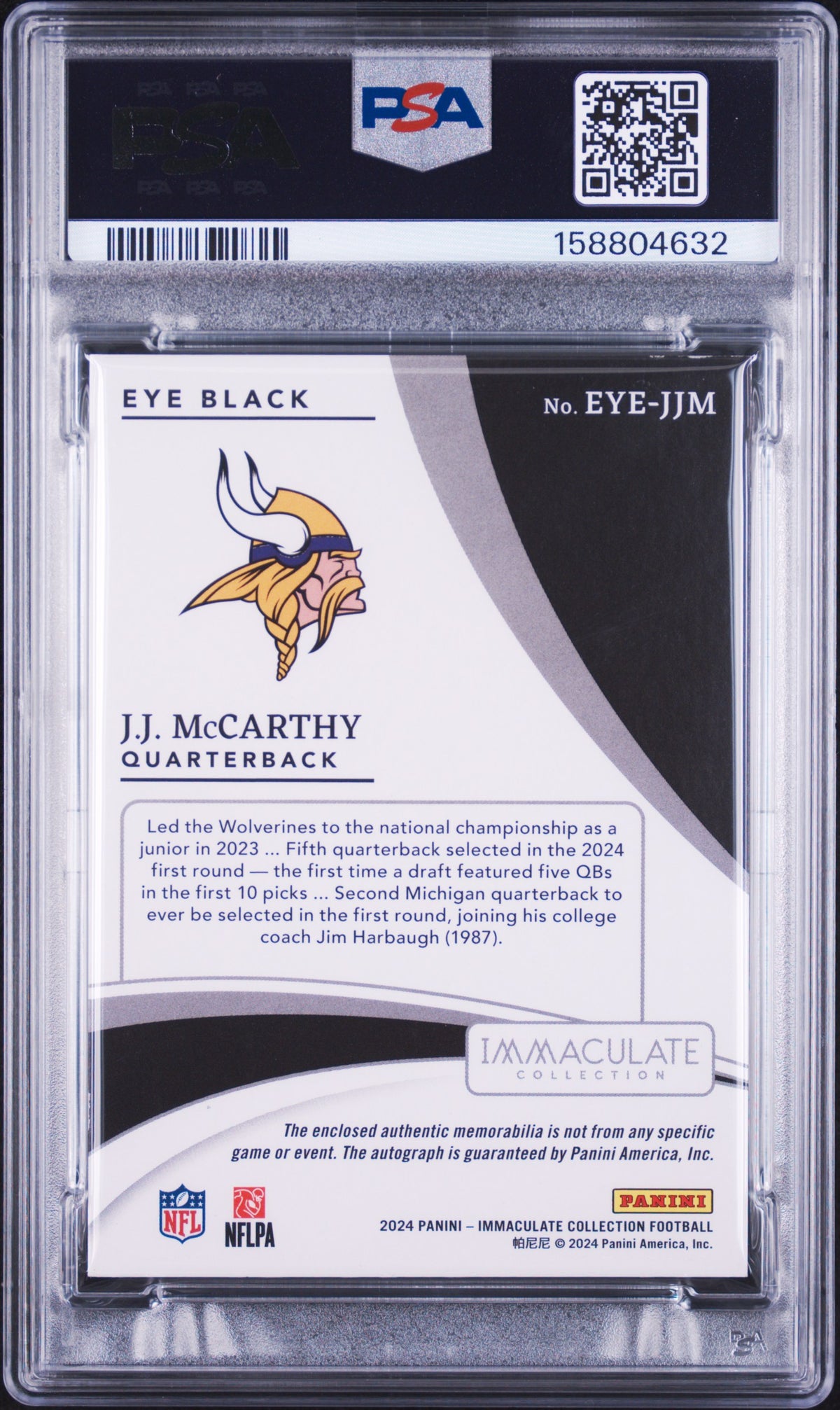 2024 Panini Immaculate JJ McCarthy Immaculate Eye Black Jersey Autographs Gold English PSA 6