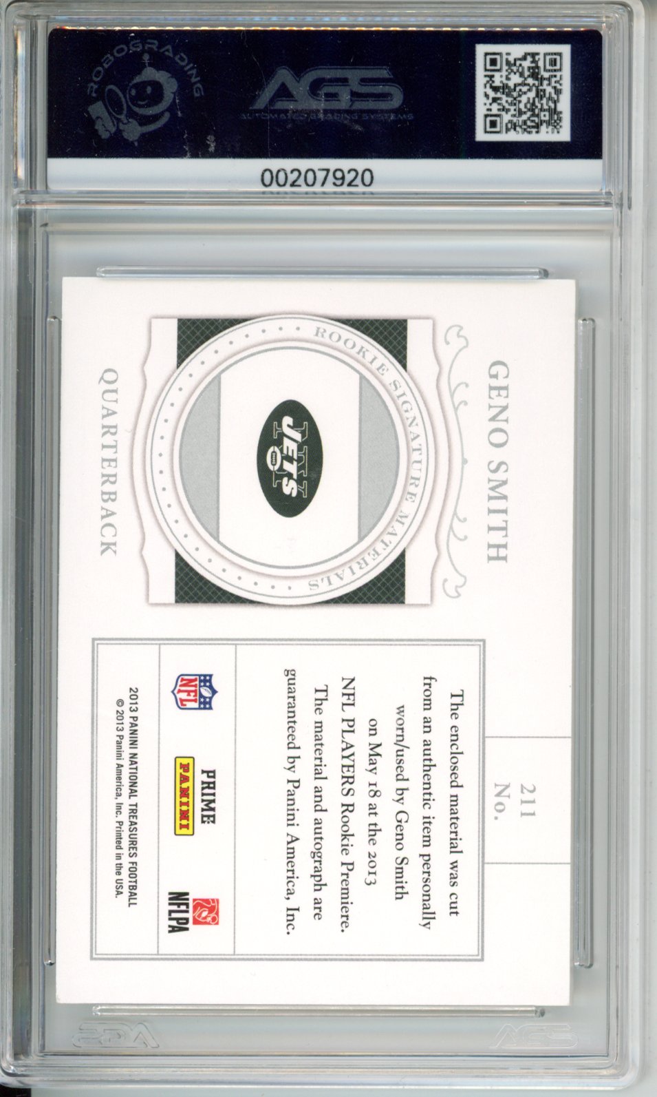 Football 2013 Panini National Treasures Geno Smith #211 /99 AGS 9