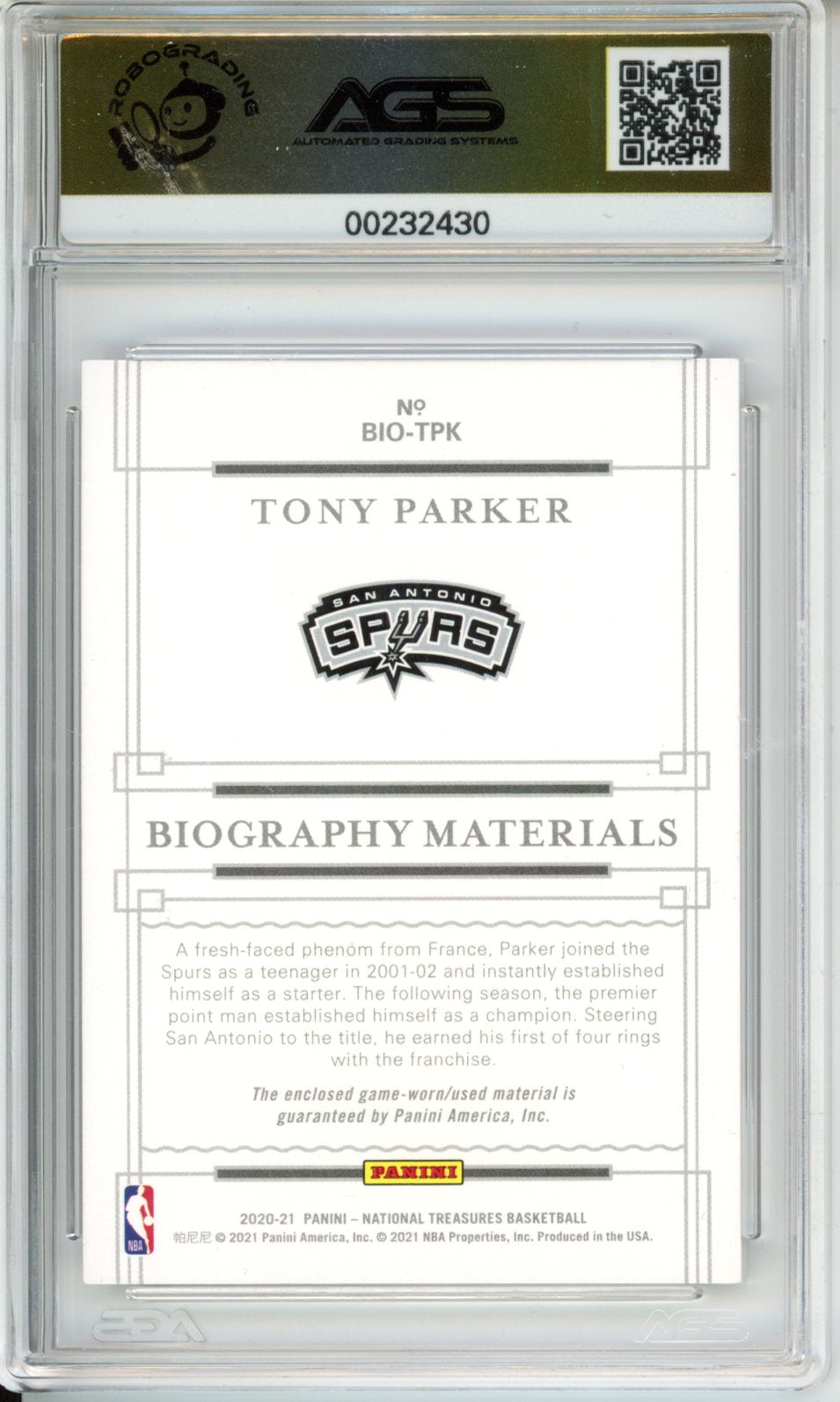 2020-21 National Treasures TONY PARKER #BIO-TPK BIOGRAPHY MATERIALS AGS 10