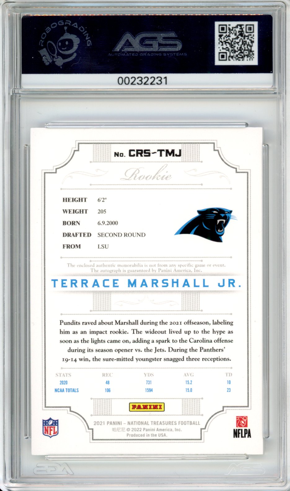 2021 Panini National Treasures Terrace Marshall Jr. #CRS-TMJ /25 AGS 7