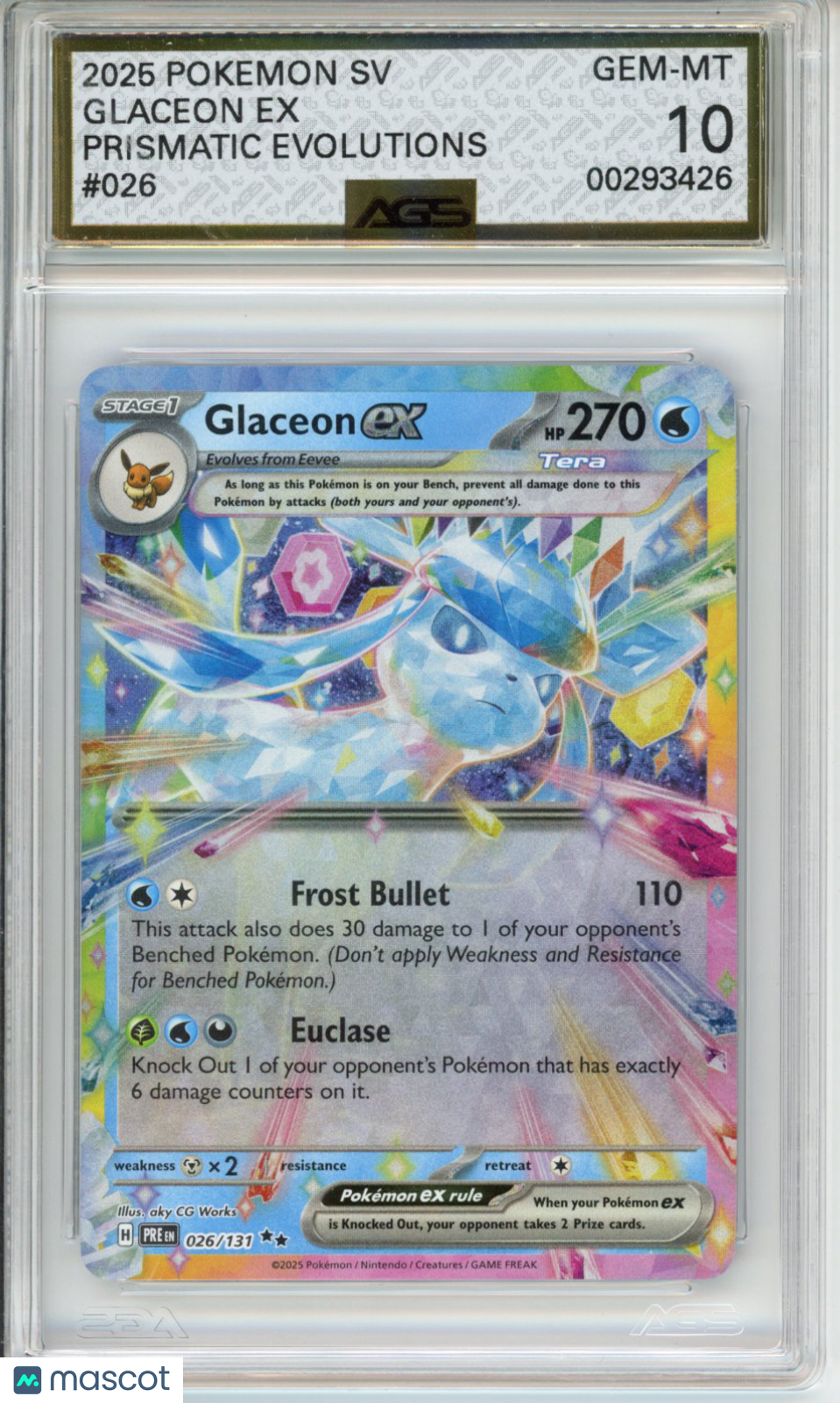 2025 Pokemon Prismatic Evolutions Glaceon ex #026 AGS 10