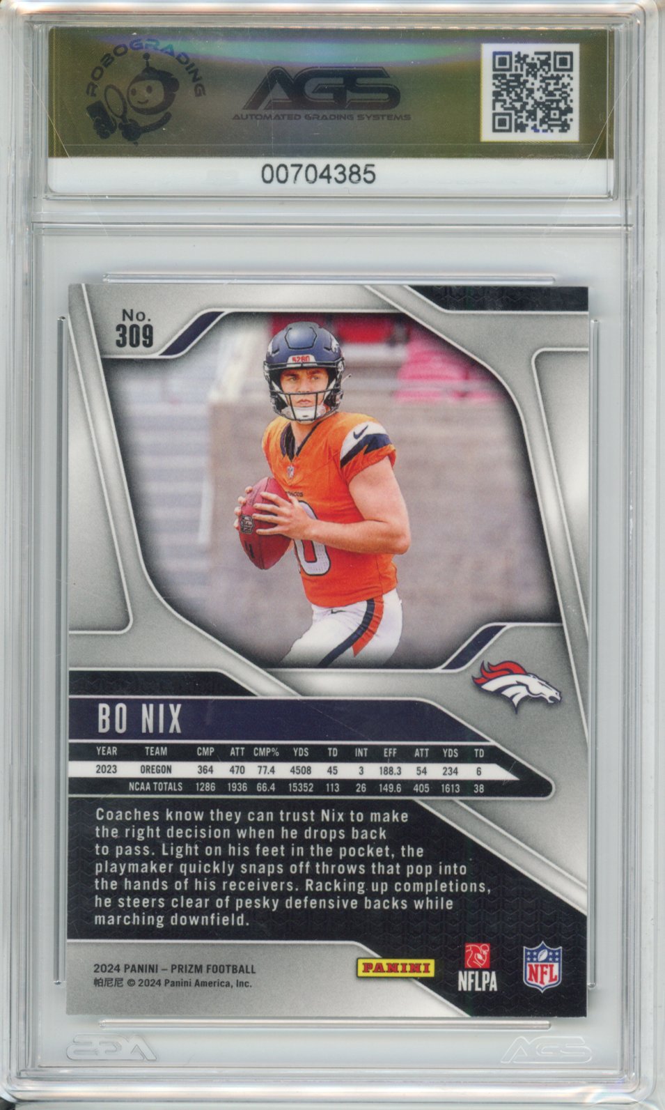 Football 2024 Panini Prizm Bo Nix #309 Unlimited AGS 10