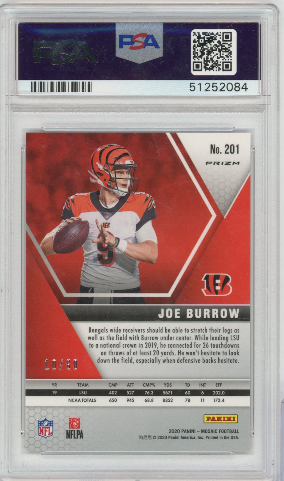 2020 Panini Mosaic Football Joe Burrow #201 Choice Fusion Red English PSA 8