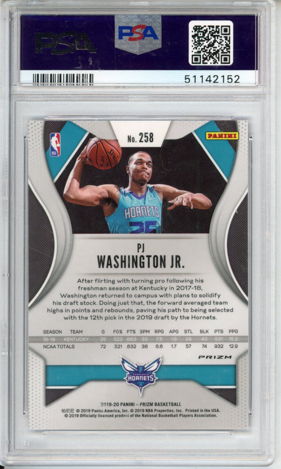 2019 Panini Prizm PJ Washington JR. #258 Purple Wave PSA 10