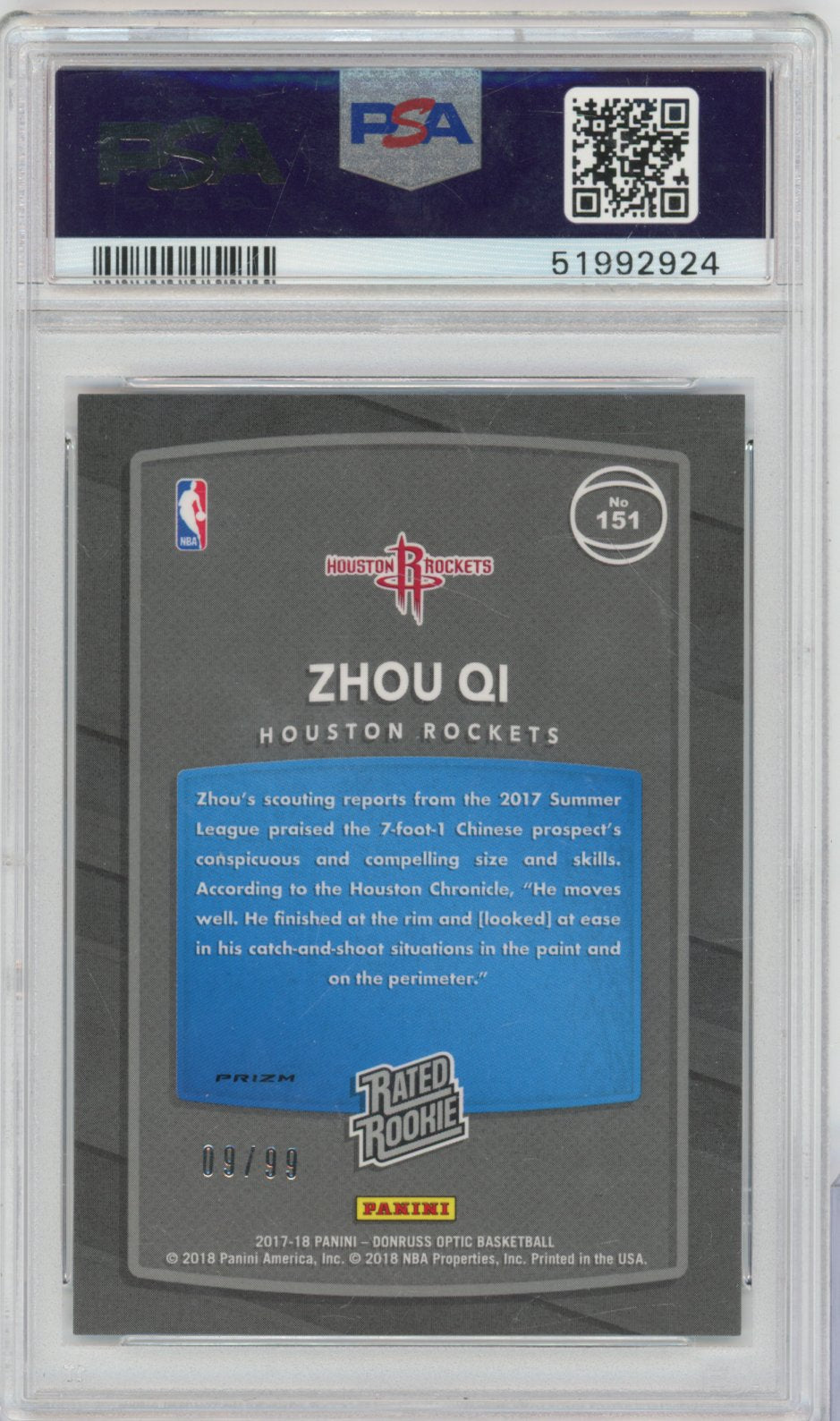 2017 unknown Donruss Optic Basketball Zhou Qi #151 English PSA 9