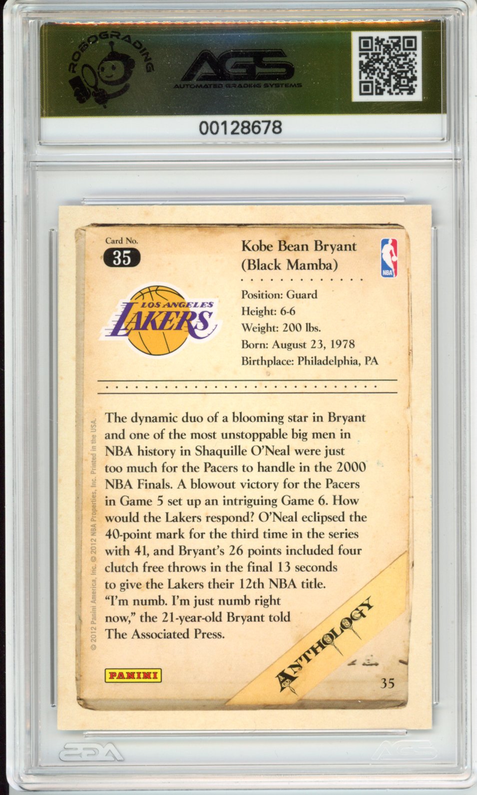 Basketball 2012-13 Panini Kobe Anthology KOBE BRYANT #035 AGS 10