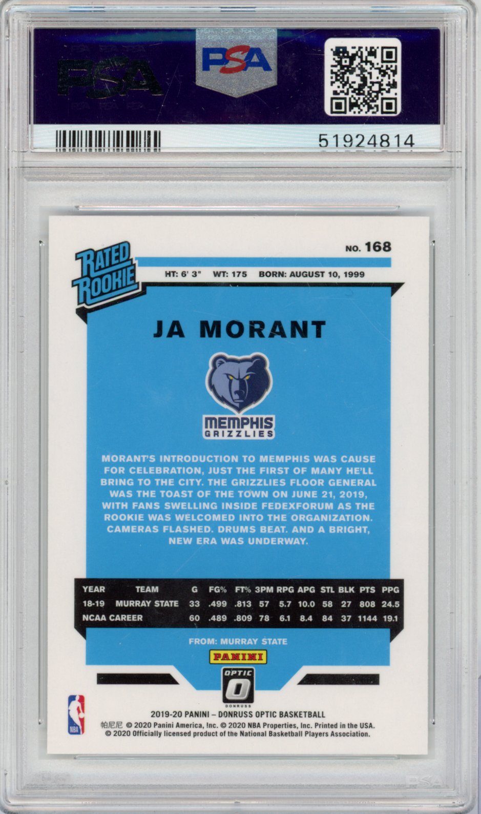 2019 Panini Donruss Optic Basketball Ja Morant #168 Ja Morant Donruss Optic English PSA 10