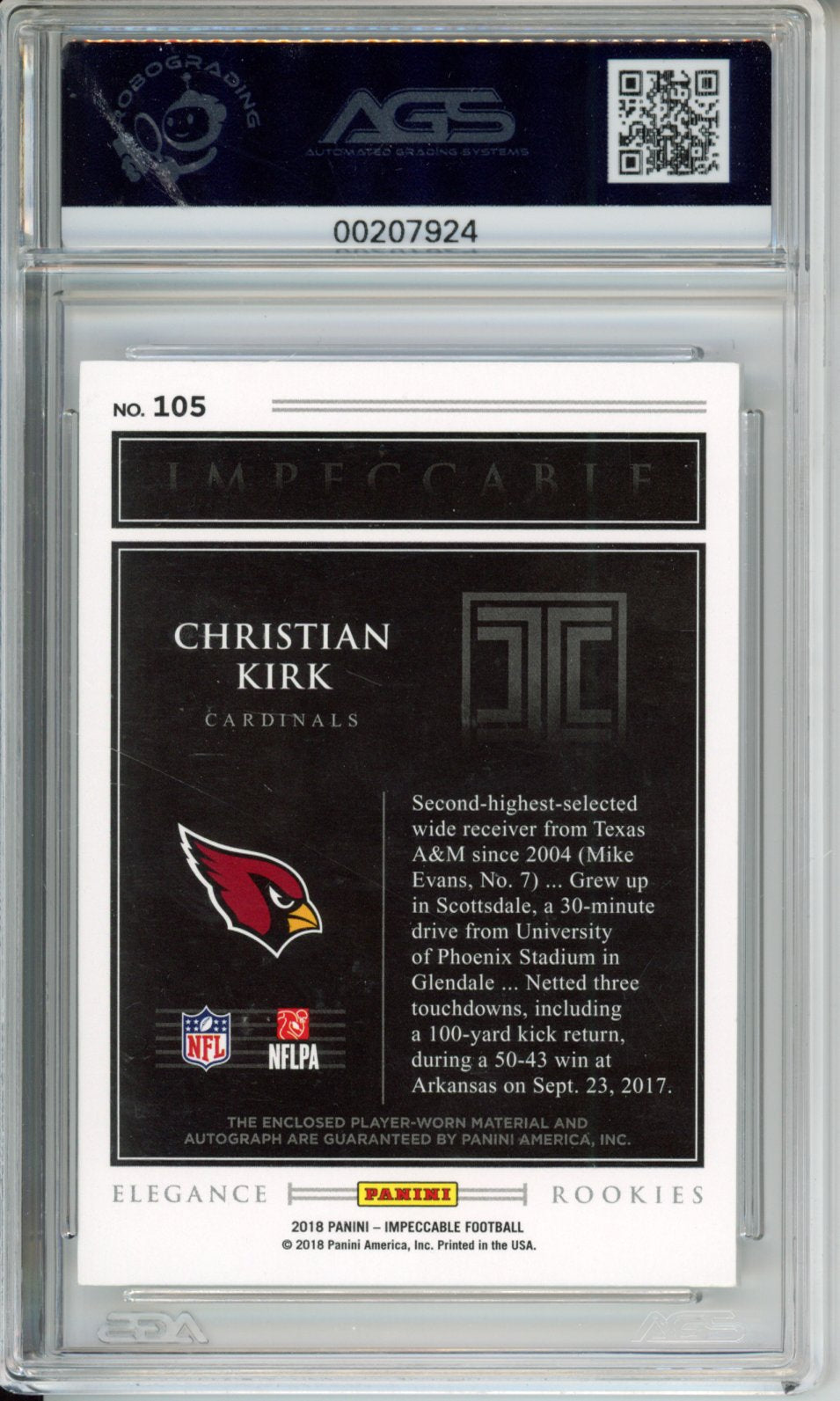 Football 2018 Panini Impeccable Christian Kirk #105 Elegance 1/1 RC AGS 7
