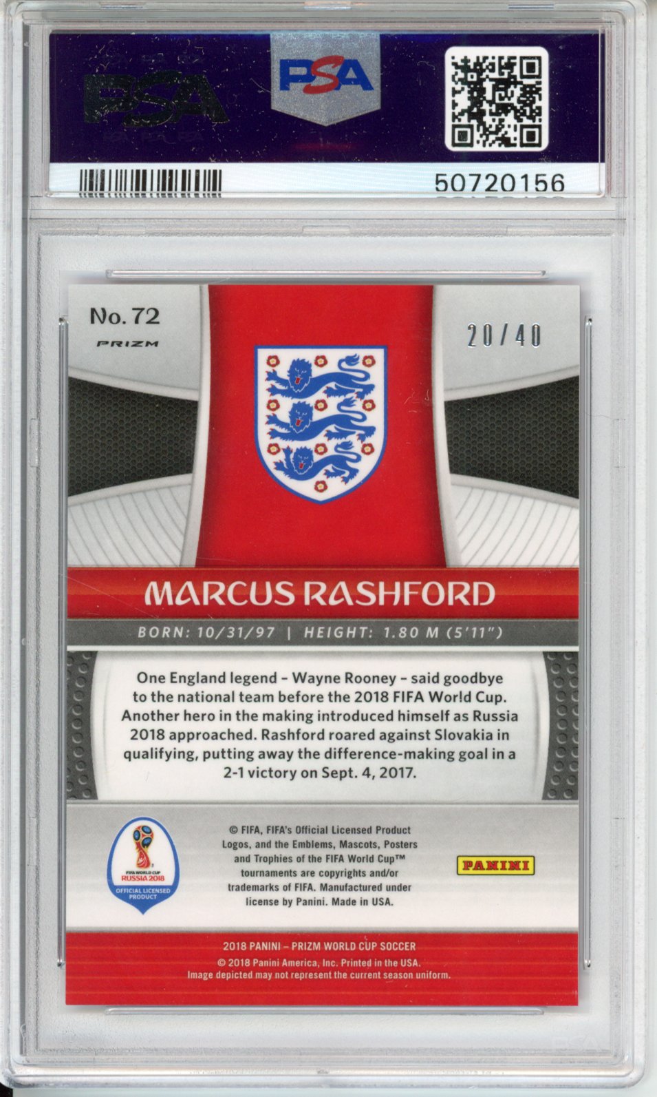 2018 Panini Prizm World Cup Marcus Rashford #72 Pink Lazer PSA 10