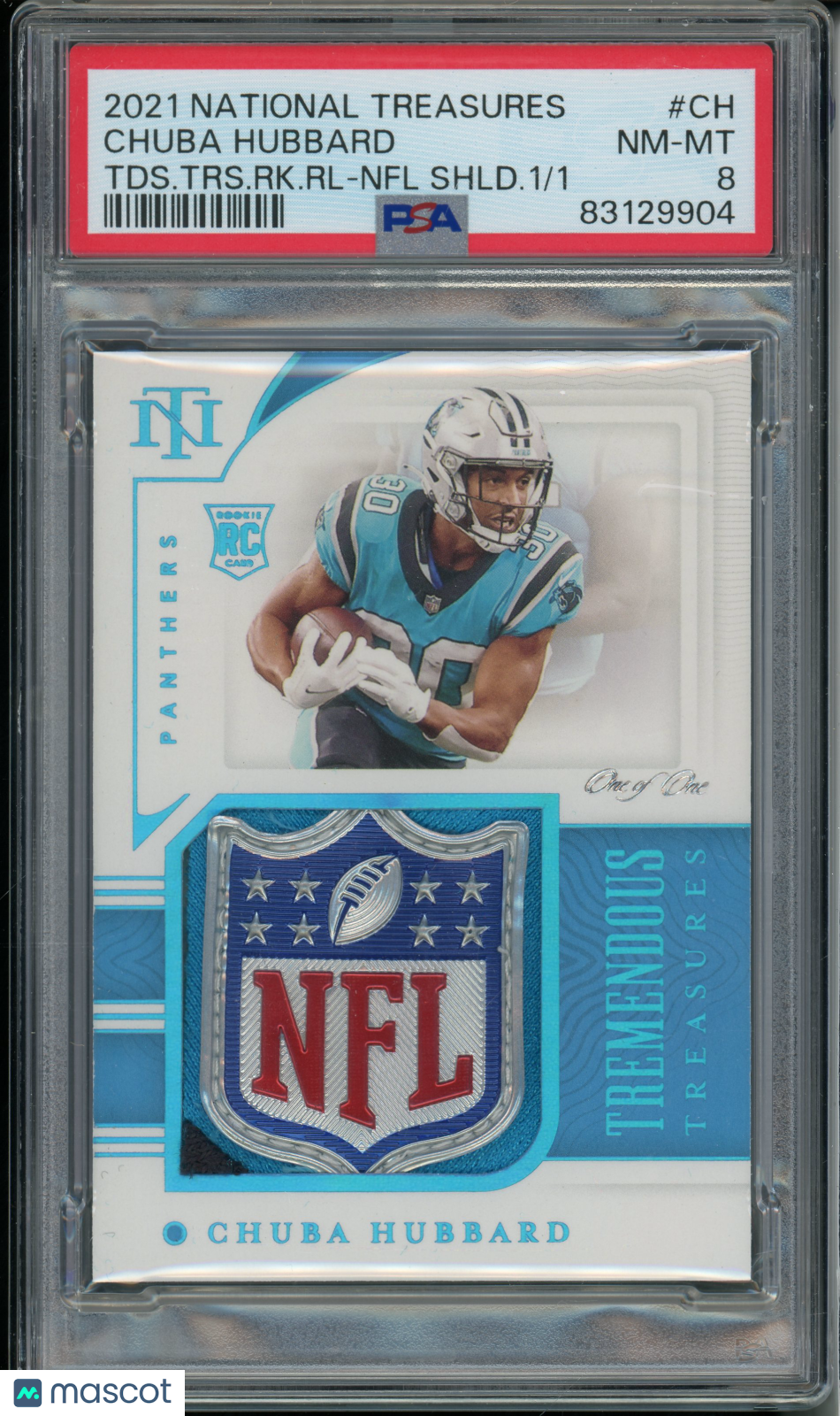 2021 National Treasures Chuba Hubbard #CH Rookies Relics NFL Shield PSA 8 RPA