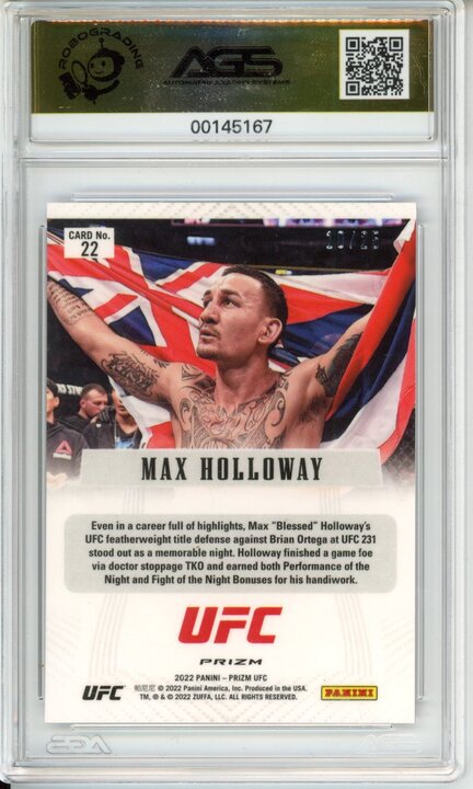 2022 Panini Prizm UFC Max Holloway #22 Flashback Mojo Prizm /25 AGS 10