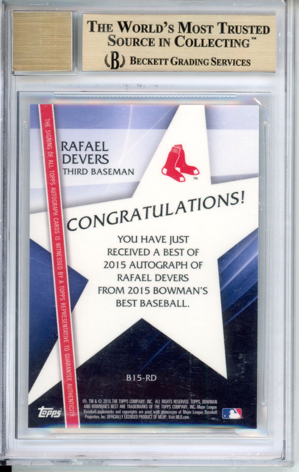 2015 Bowman's Best Best of '15 Autographs Rafael Devers #B15RD BGS 9.5 Auto 10
