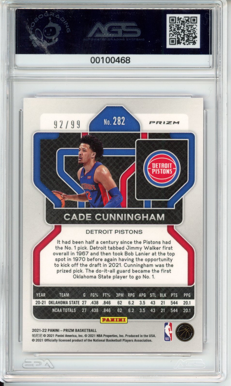 2021-22 Panini Prizm Cade Cunningham #282 Purple /99 AGS 9
