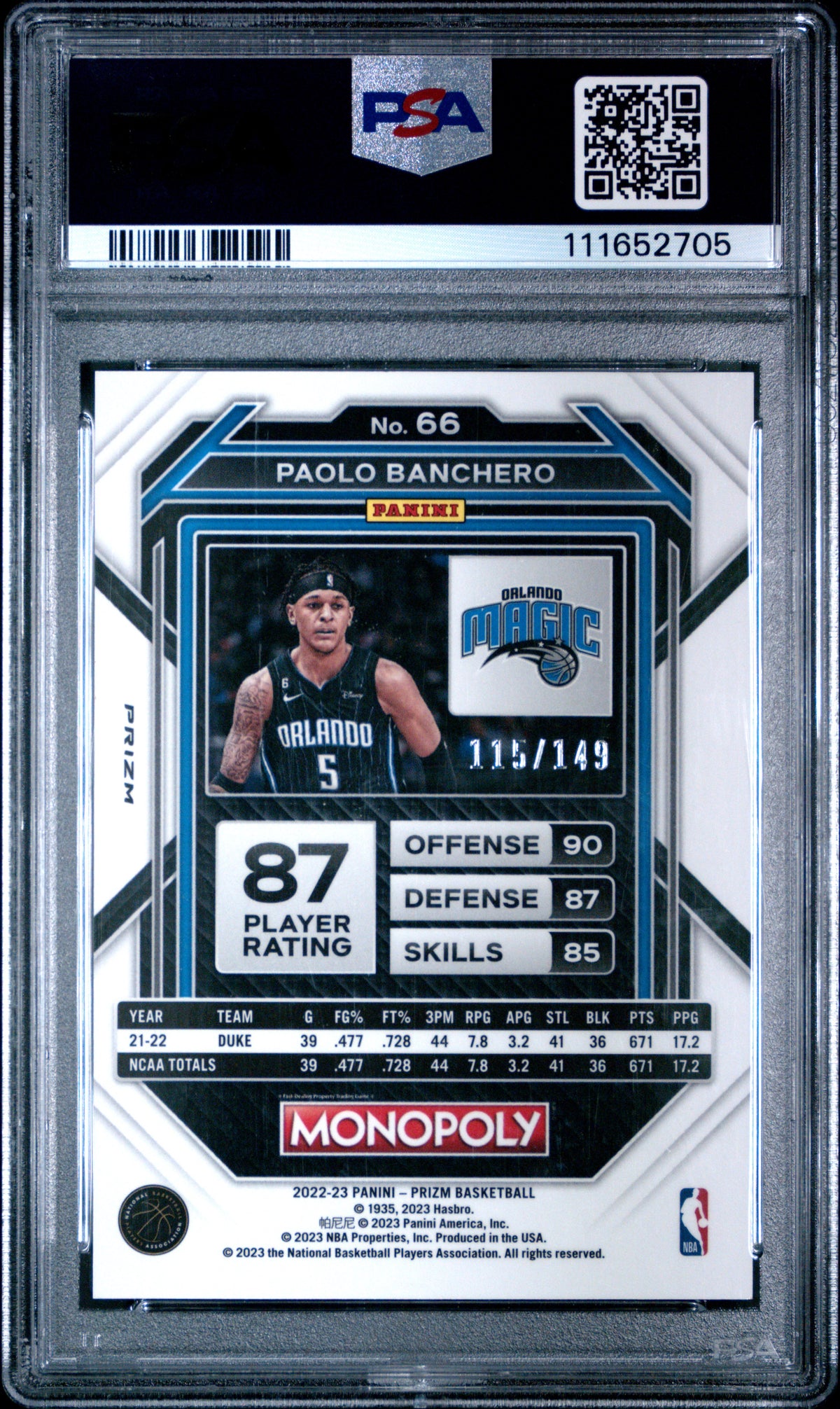2022 Panini Prizm Monopoly Basketball Paolo Banchero #66 Pink English PSA 10