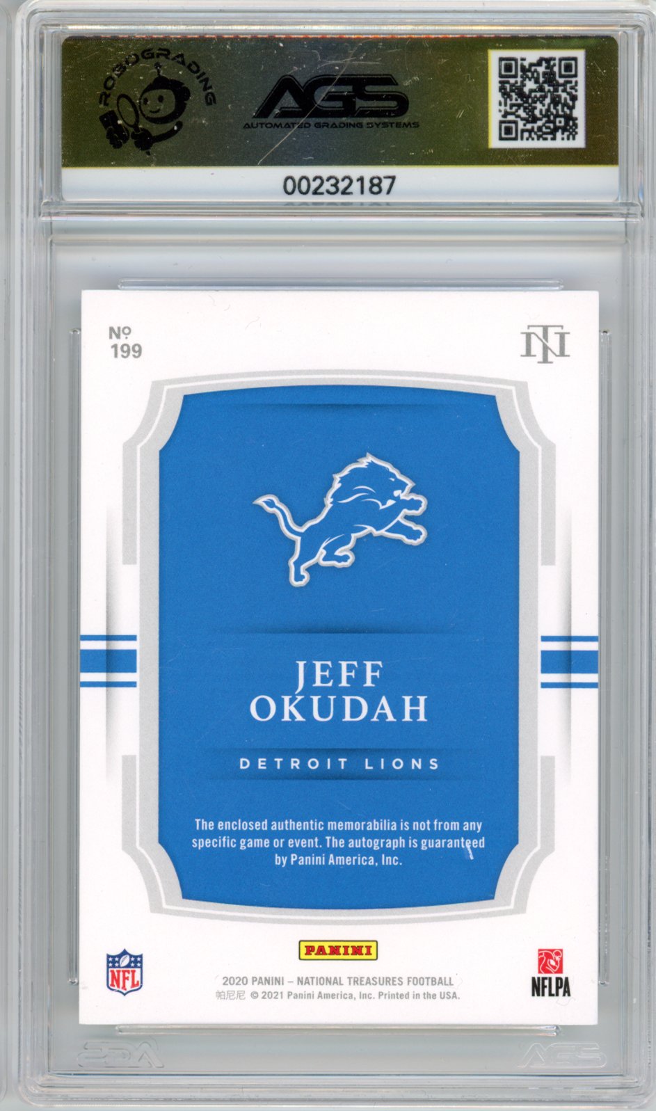 2021 Panini National Treasures Jeff Okudah #199 Rookie Patch Autograph AGS 10