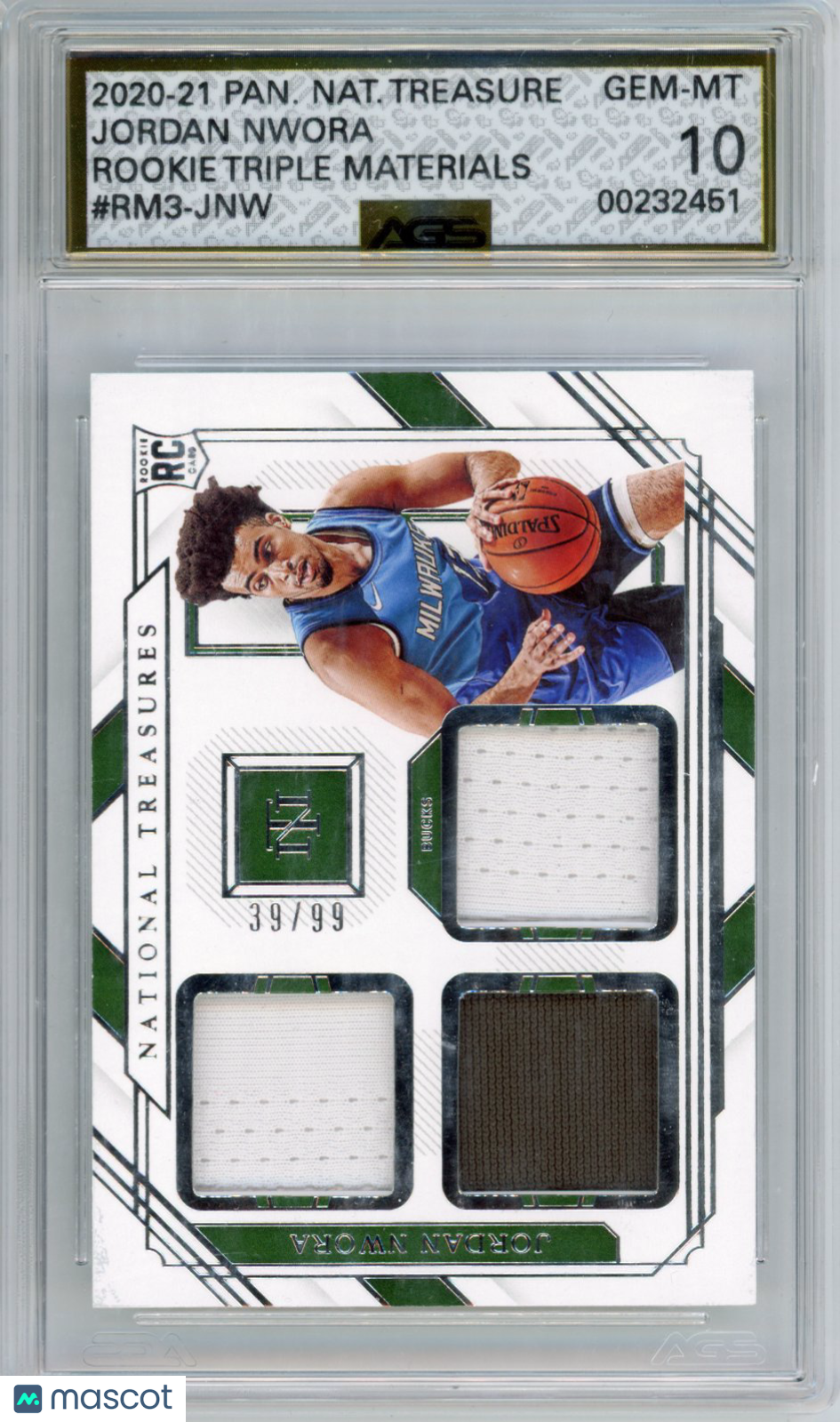 2020-21 National Treasures JORDAN NWORA #RM3-JNW ROOKIE TRIPLE MATERIALS AGS 10