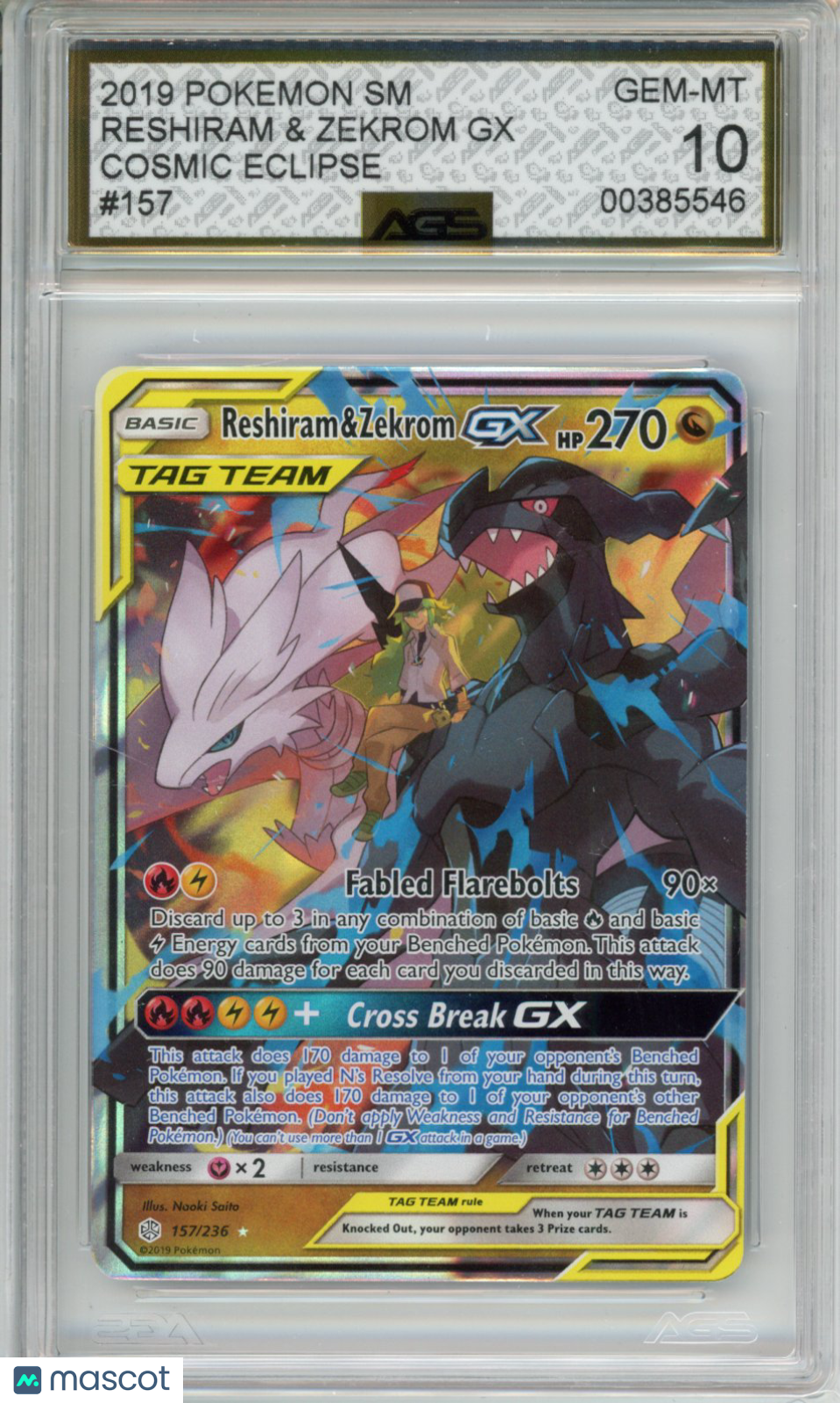 2019 Pokemon Cosmic Eclipse Reshiram & Zekrom GX #157 AGS 10