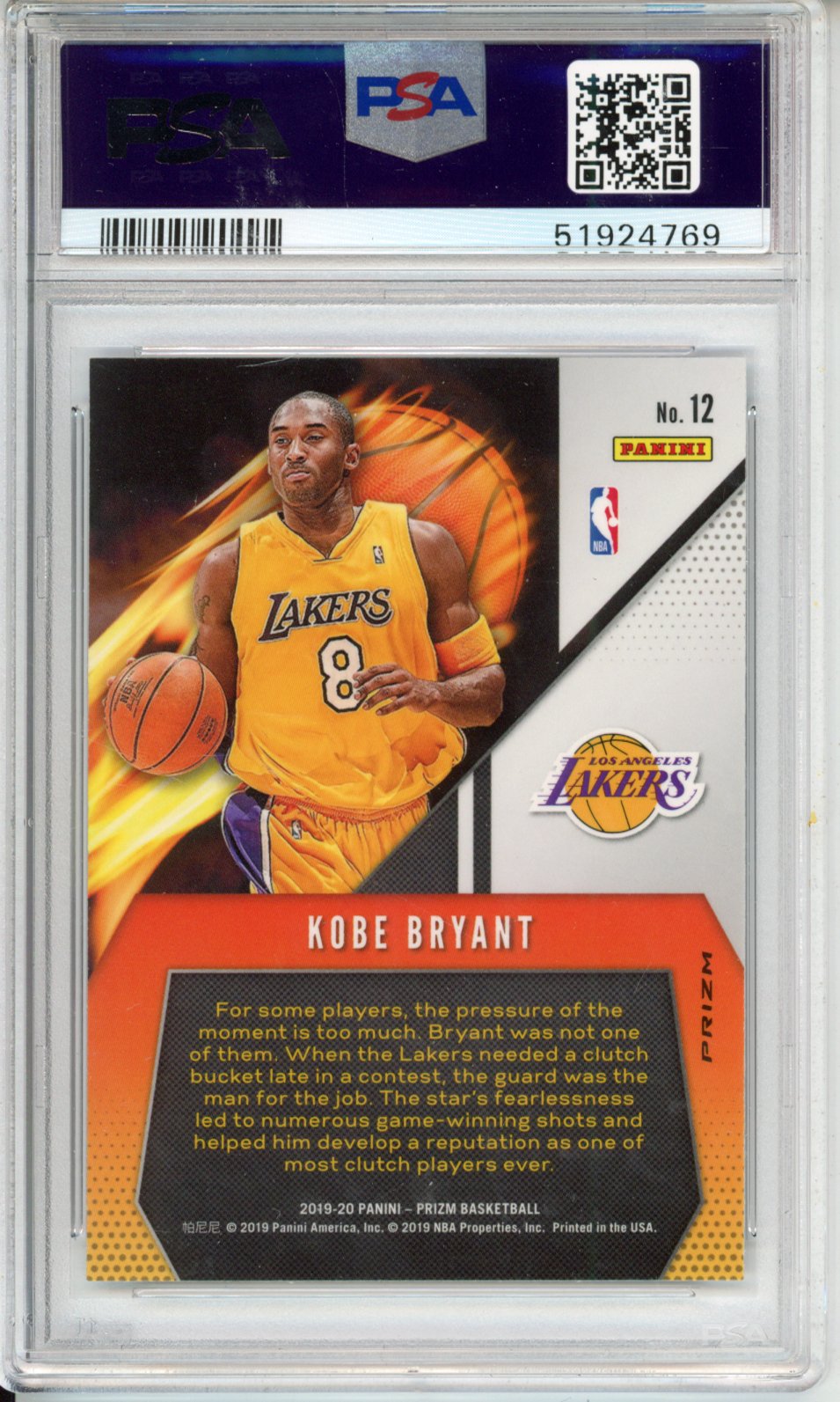 2019 Panini Prizm Fearless Kobe Bryant #12 Fast Break PSA 9