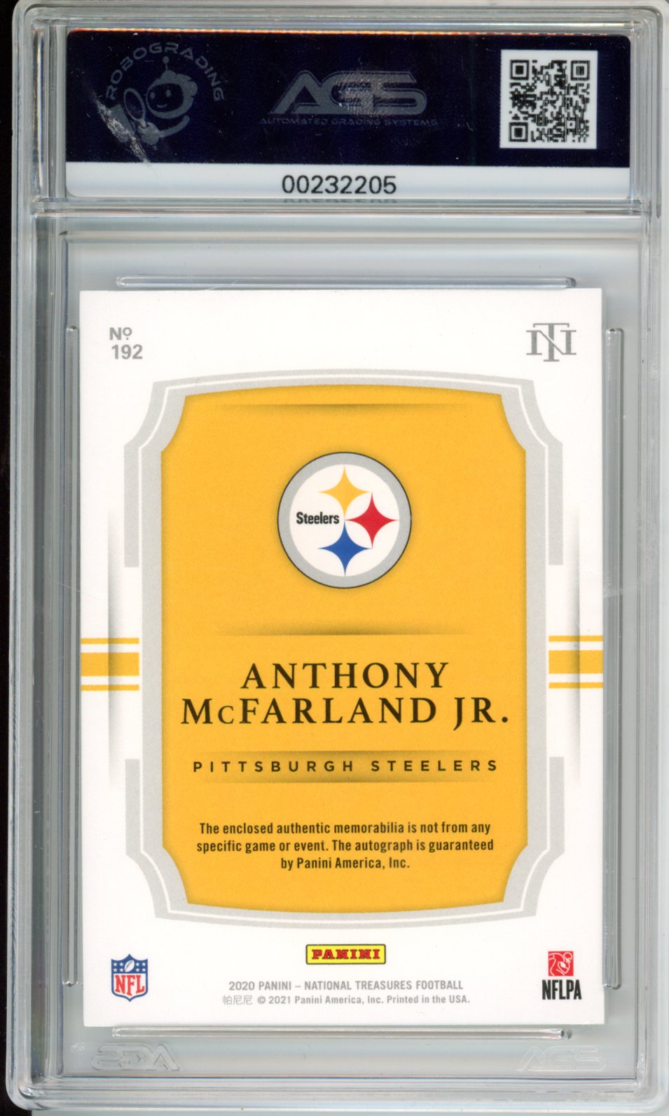 2020 Panini National Treasures Anthony McFarland Jr. #192 RPA /26 AGS 9