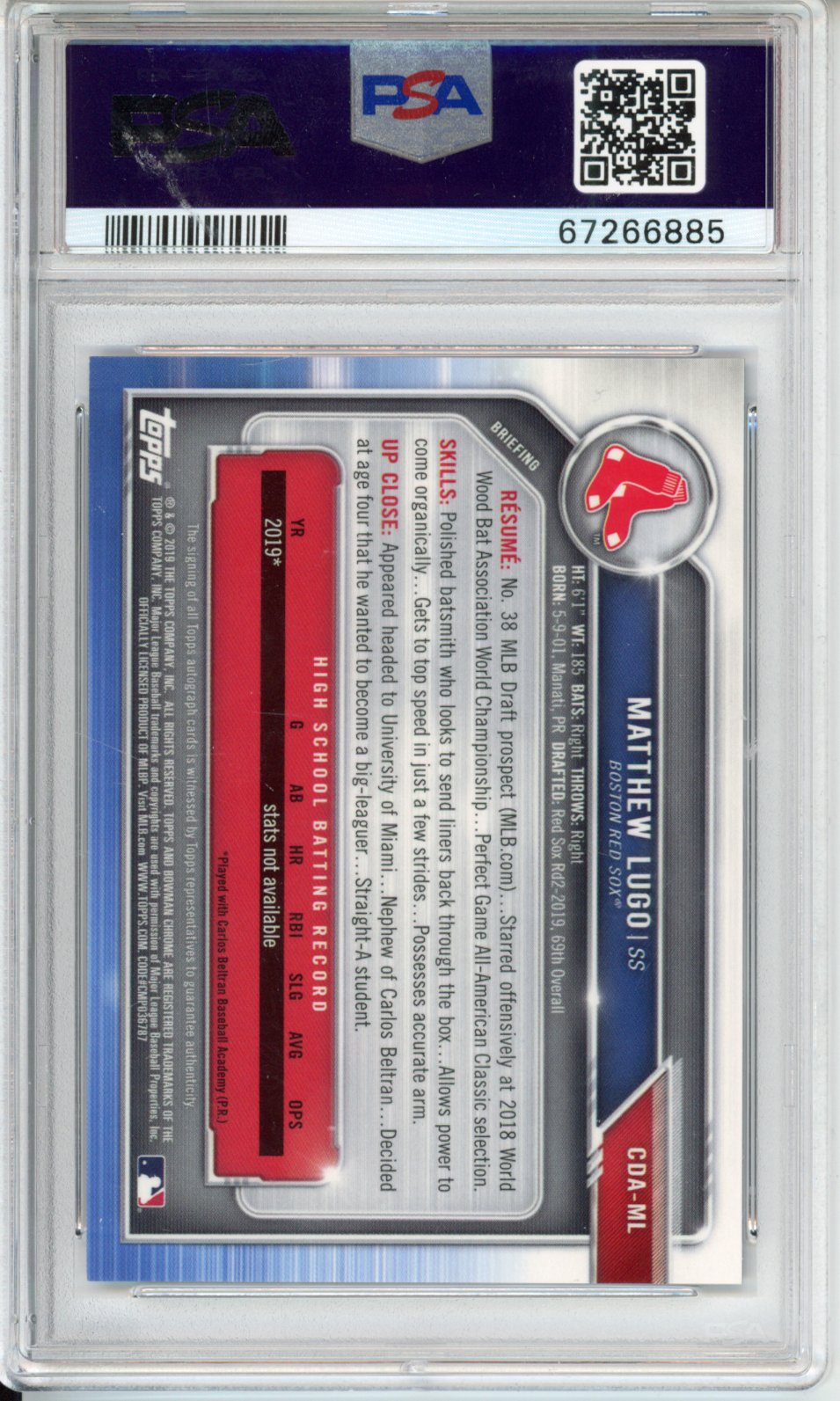 2019 Bowman Draft Picks Auto Matthew Lugo #CDAML CHR. DP Purple Refractor /250 PSA 10