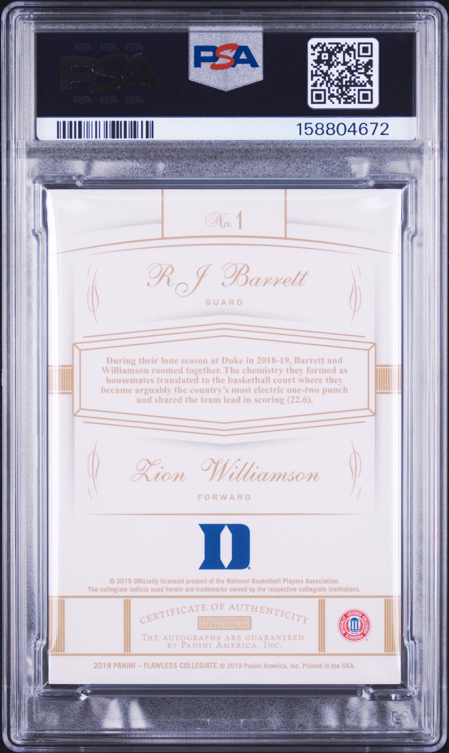 2019 unknown Panini Flawless Collegiate Flawless Dual Rookie Signatures RJ Barrett/Zion Williamson Black 1/1 1 English PSA 8