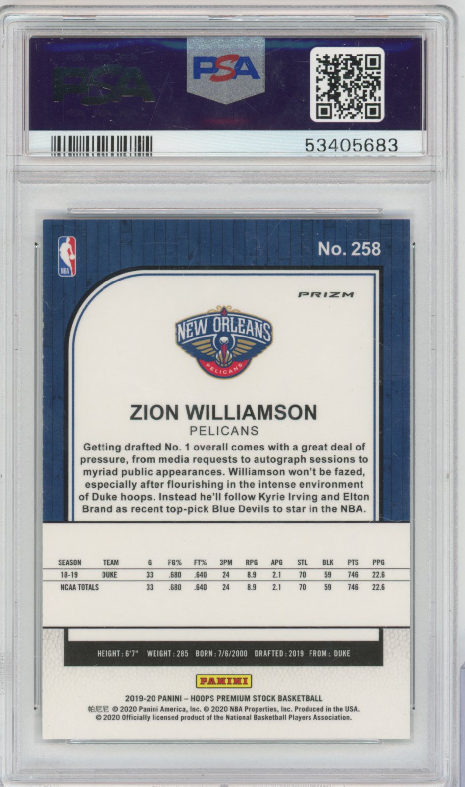2019 Panini Hoops Premium Stock Basketball Zion Williamson #258 Pulsar English PSA 10