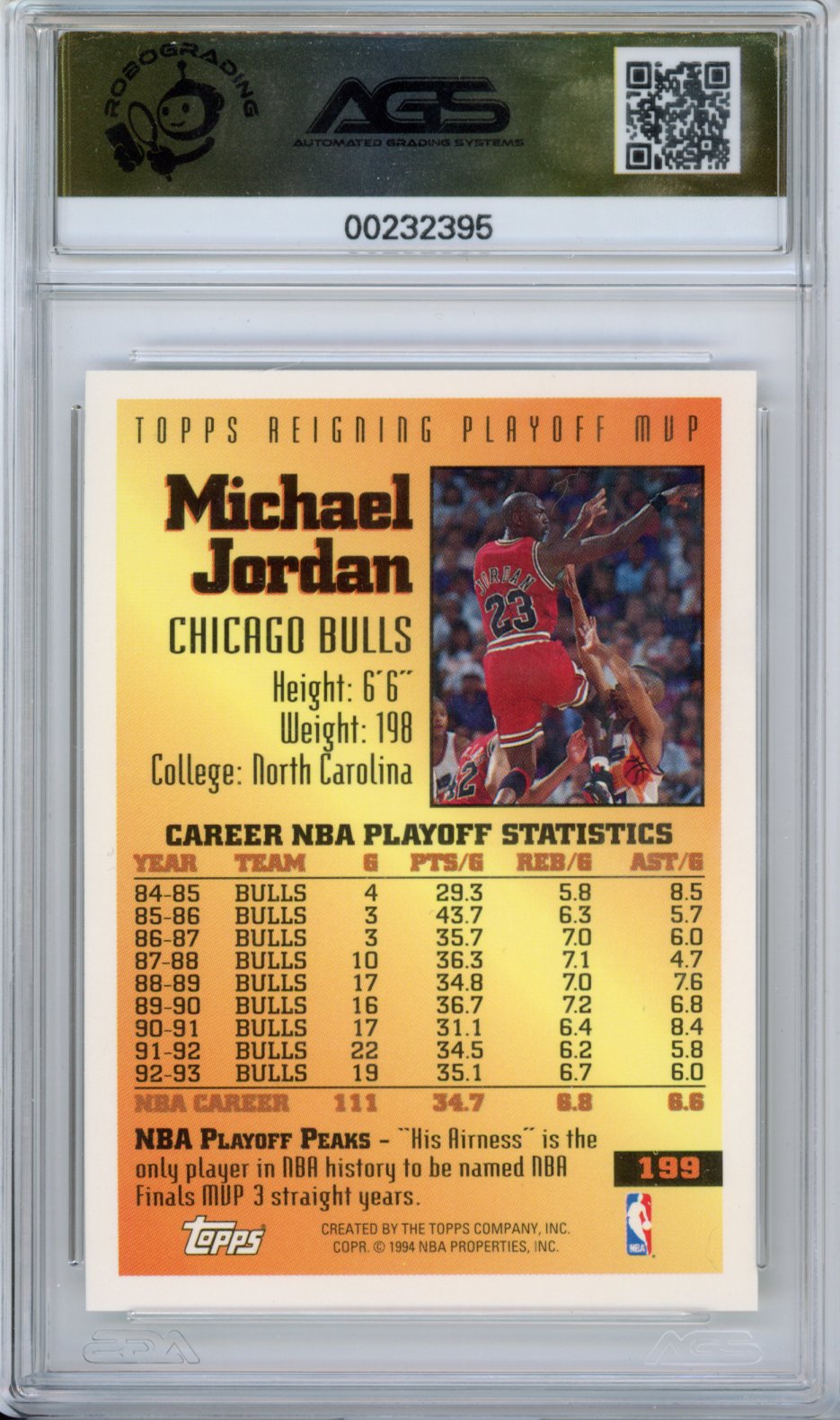 1993 TOPPS MICHAEL JORDAN #199 REIGNING PLAYOFF MVP Unlimited AGS 10