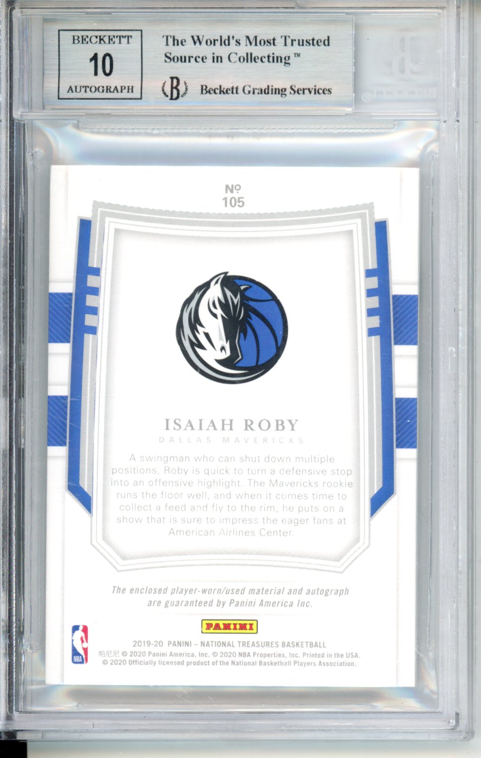 2019 Panini National Treasures Rookie Patch Autographs Stars and Stripes Isaiah Roby #105 /30 BGS 9 Auto 10