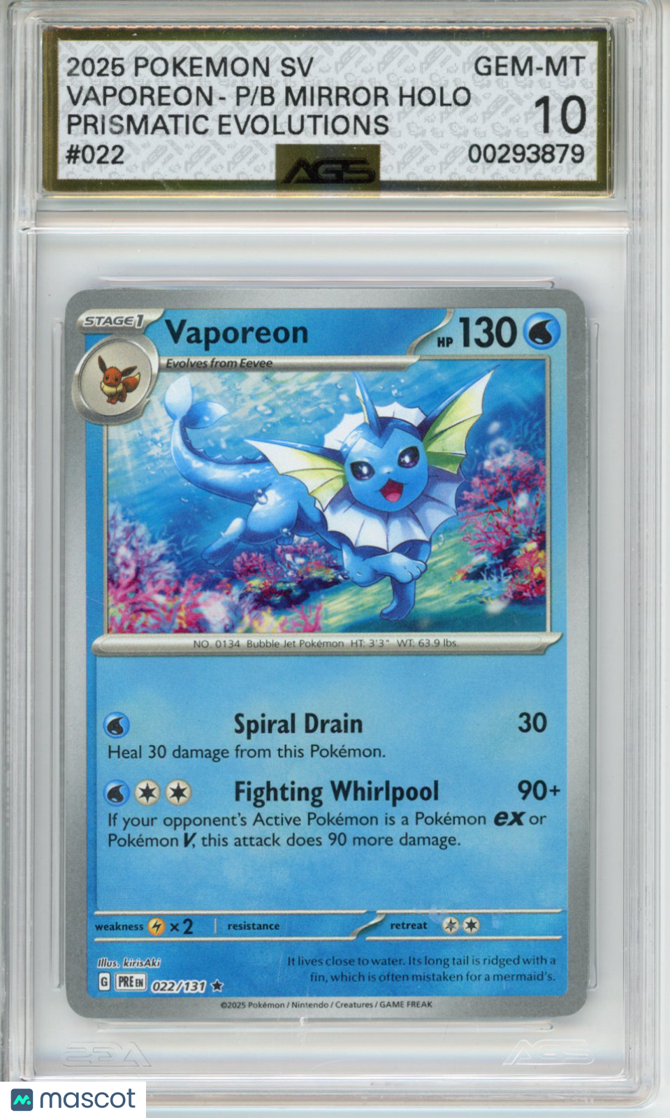 2025 Pokemon Prismatic Evolutions Vaporeon #022 Pokeball holo AGS 10