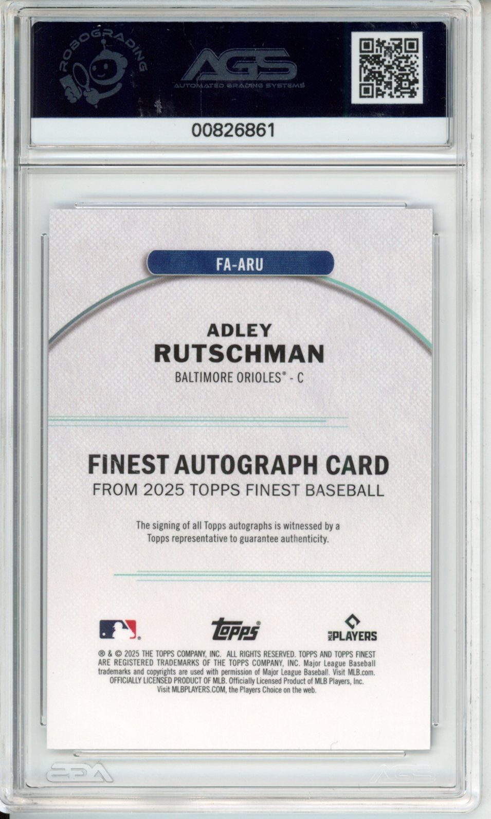 Baseball 2025 TOPPS FINEST ADLEY RUTSCHMAN #FA-ARU FINEST AUTOGRAPH AGS 9