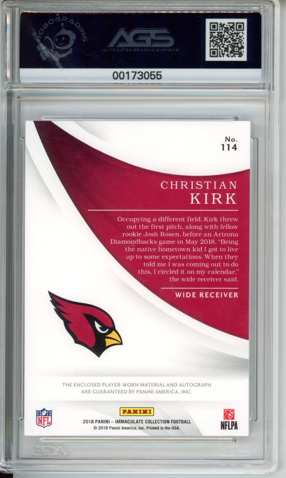 2018 Panini Immaculate Collection Christian Kirk #114 RPA 1/1 AGS 8.5