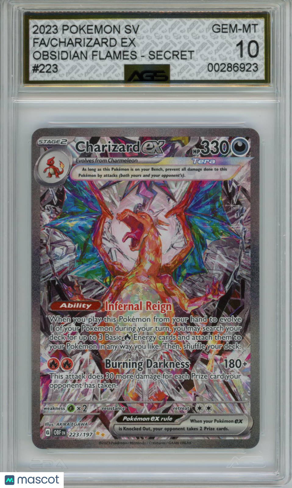 2023 Pokemon Obsidian Flames Charizard ex #223/197 AGS 10