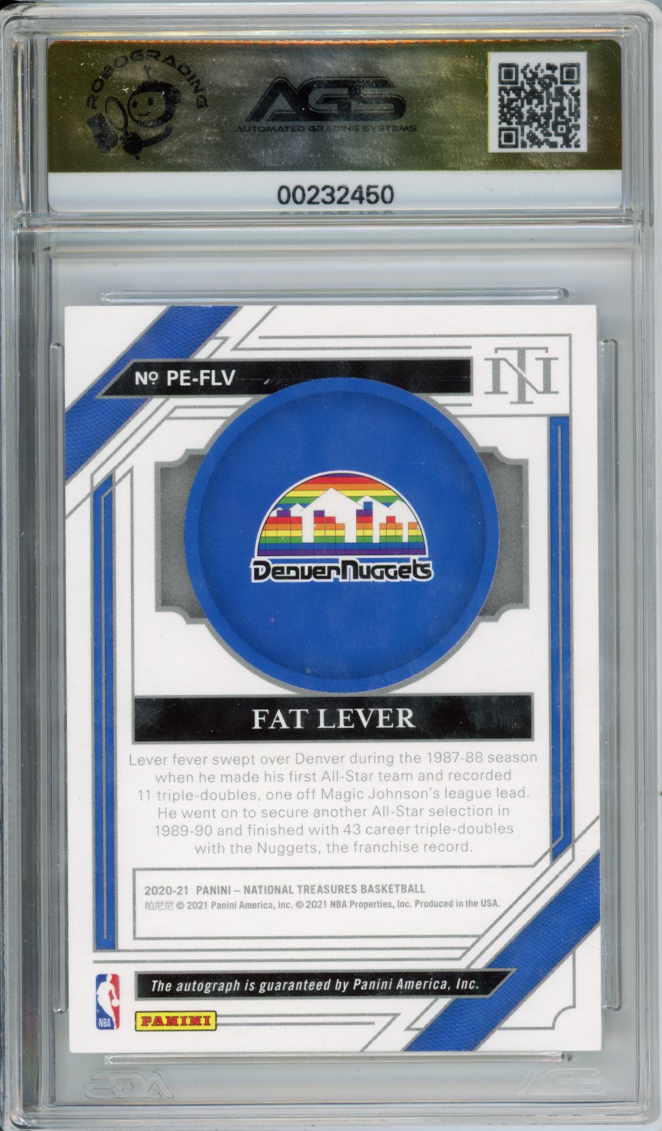 2020-21 Panini National Treasures FAT LEVER #PE-FLV Peerless Signatures AGS 10