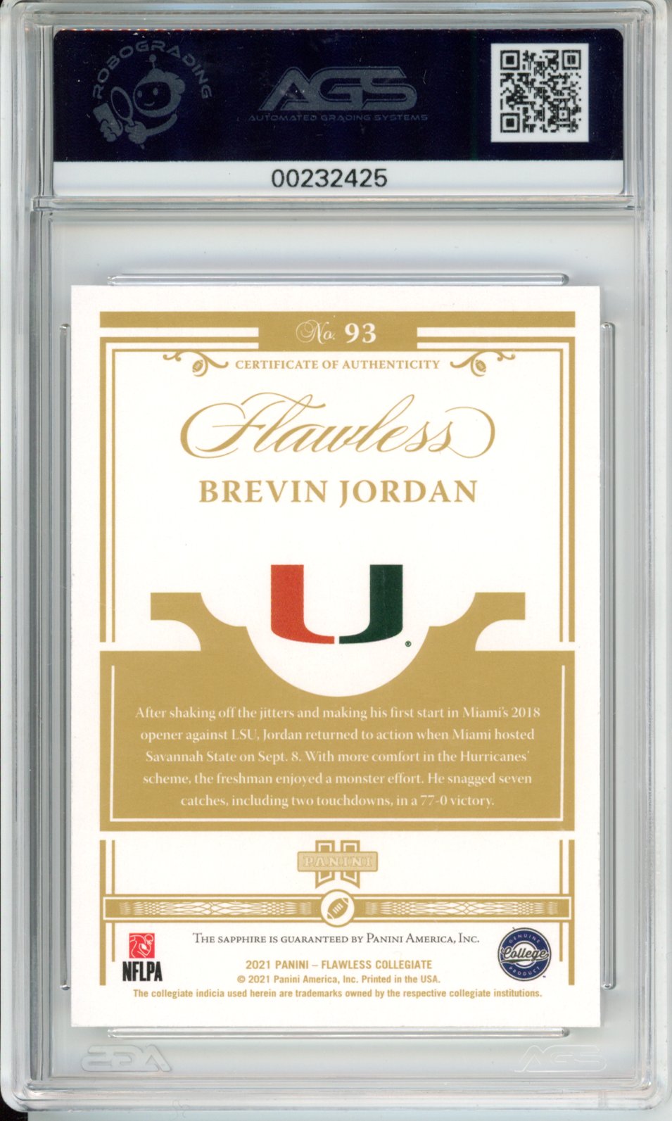 Football 2021 Panini Flawless Collegiate Brevin Jordan #093 02/15 AGS 8