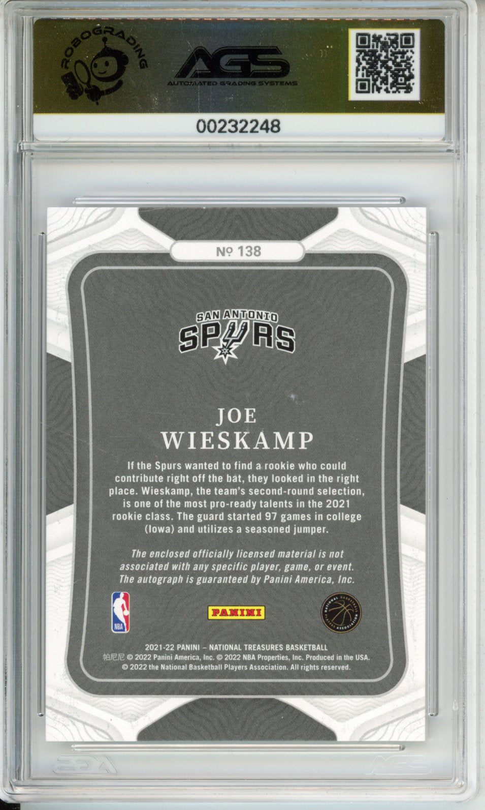 Panini 2021-22 National Treasures Joe Wieskamp #138 Patch Autographs Bronze - San Antonio Spurs English RC AGS 9.5