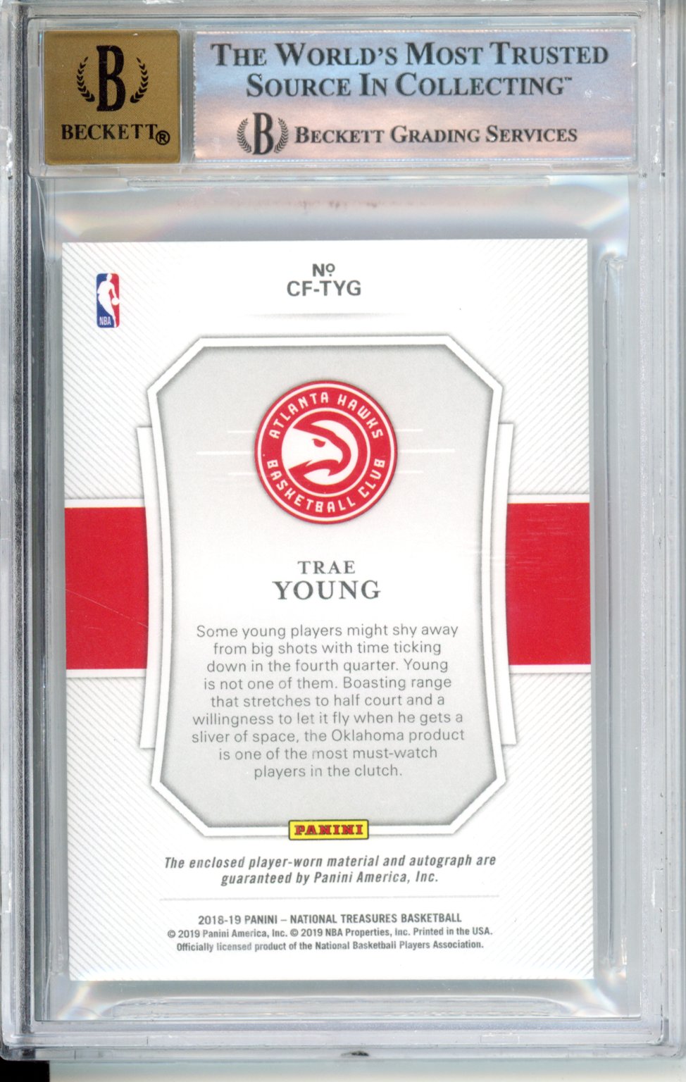 2018 Panini National Treasures Clutch Factor Jersey Signatures Trae Young #45 /99 BGS 8.5 Auto 10