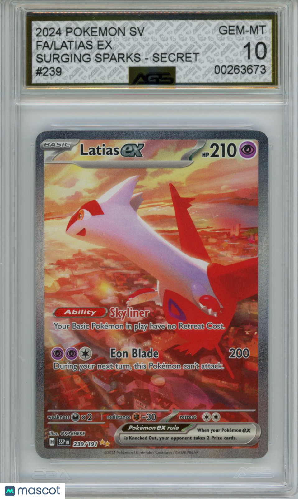 2024 Pokemon Surging Sparks Latias ex #239 AGS 10