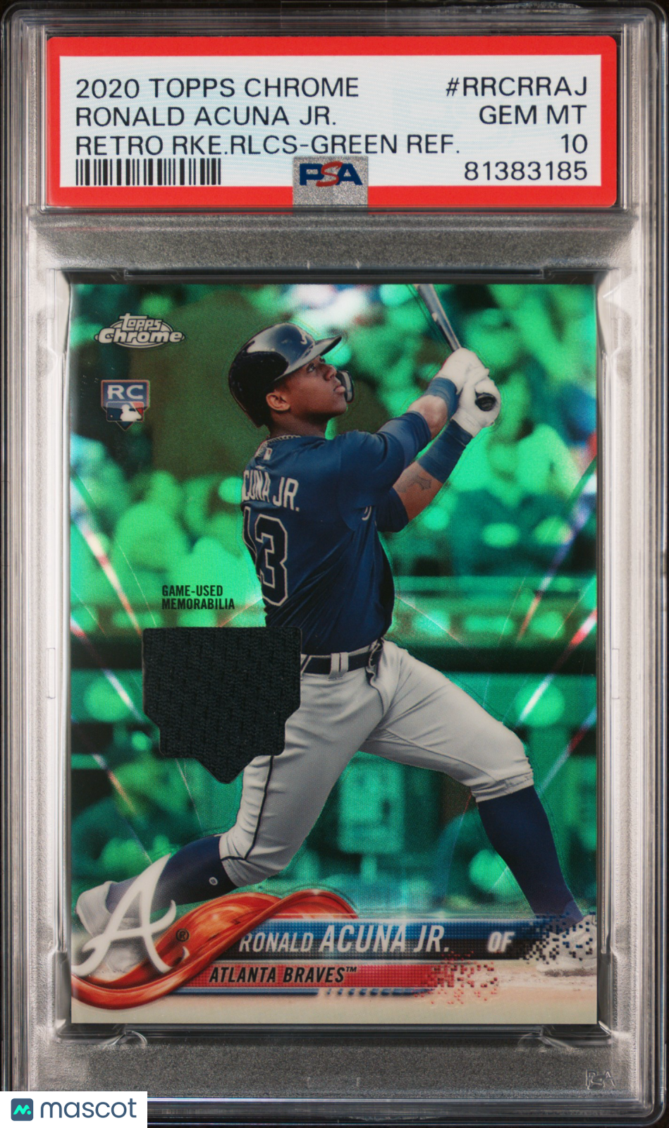 2020 Topps Chrome Ronald Acuna JR. #RRCRRAJ Retro Rookie Relics Green Refractor PSA 10