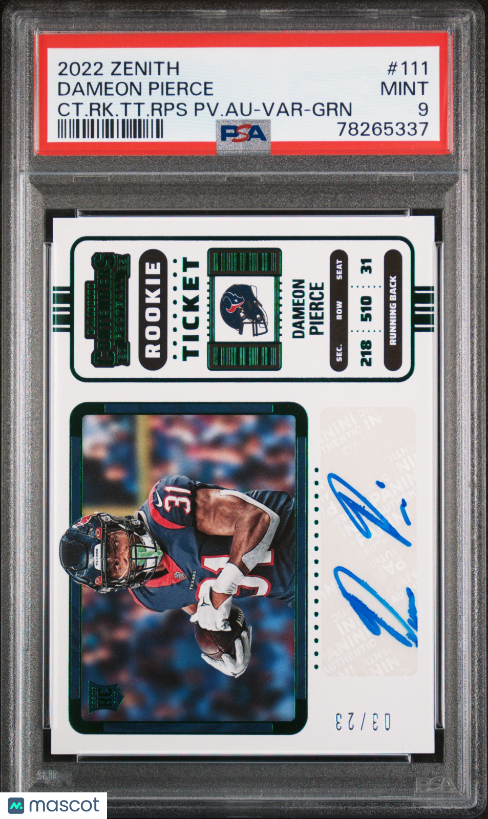 2022 Panini Zenith Contenders Dameon Pierce #111 Rookie Ticket RPS Preview Autograph Green PSA 9