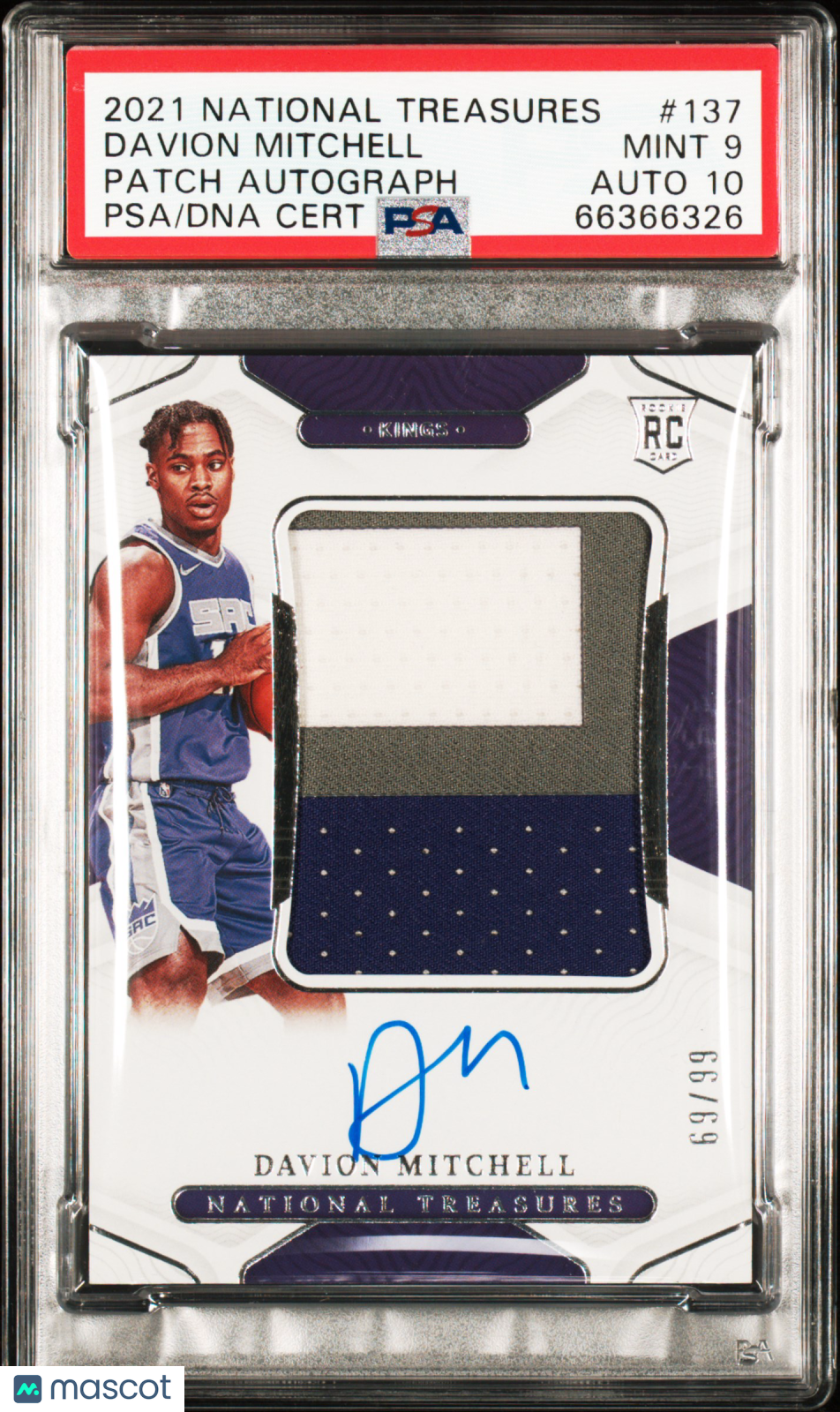 2021 National Treasures Davion Mitchell #137 Patch Autograph /99 PSA 9 Auto 10
