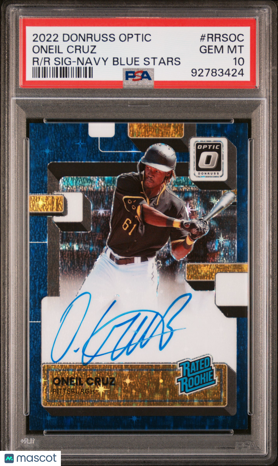 2022 Panini Donruss Optic Oneil Cruz #RRSOC Rated Rookie Signatures Navy Blue Stars PSA 10