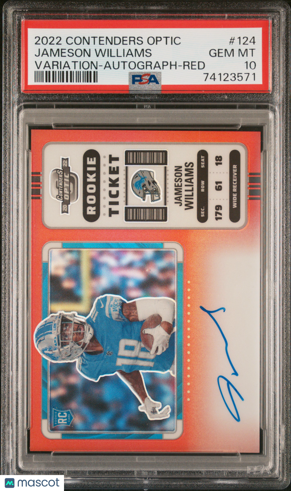 2022 Panini Contenders Optic Jameson Williams #124 Variation Autograph Red PSA 10
