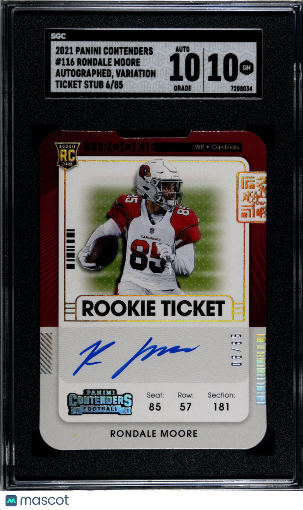 2021 Panini Contenders Rondale Moore #116 Ticket Stub Auto SGC 10 Auto 10